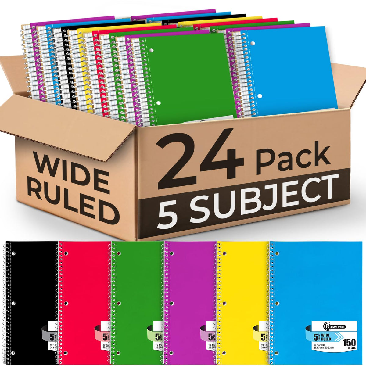 Rosmonde 24 Pack, 5 Subject Notebook Wide Ruled, 150 Sheets (300 Pages)