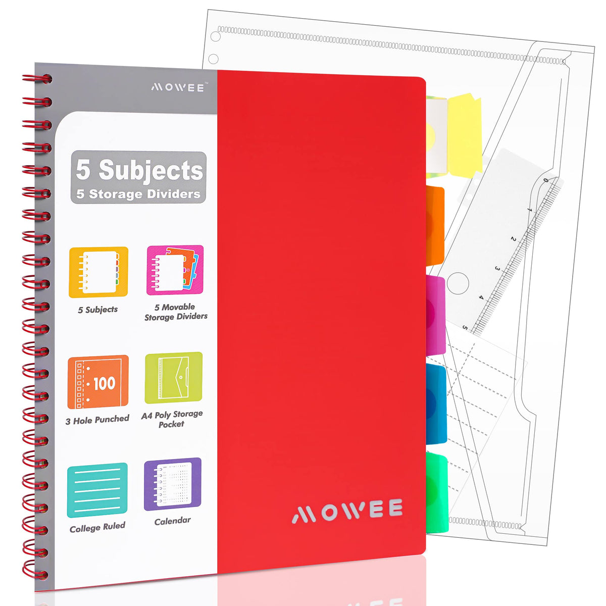 Spiral Notebook - 5 Subject Notebook, College Ruled Notebook 3-Hole Punched With Dividers, Storage Pockets, 11" Ruler, 200 Pages, for Writing Journal, Home &Office, School Supplies(Black)