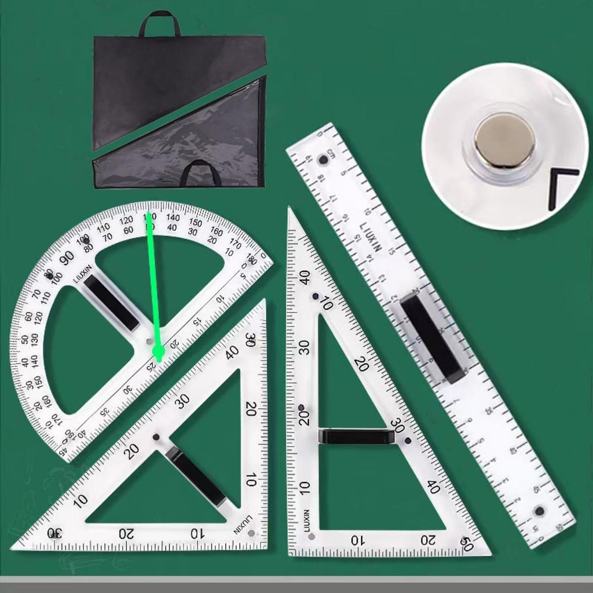 Magnetic Triangular Scale Ruler Set Drafting Tools Mathematics Protractor Pencil Compass, Math Geometry Classroom Teaching Measurement Set Oversized Ruler (4-pcs Ruler Compass Protractor)