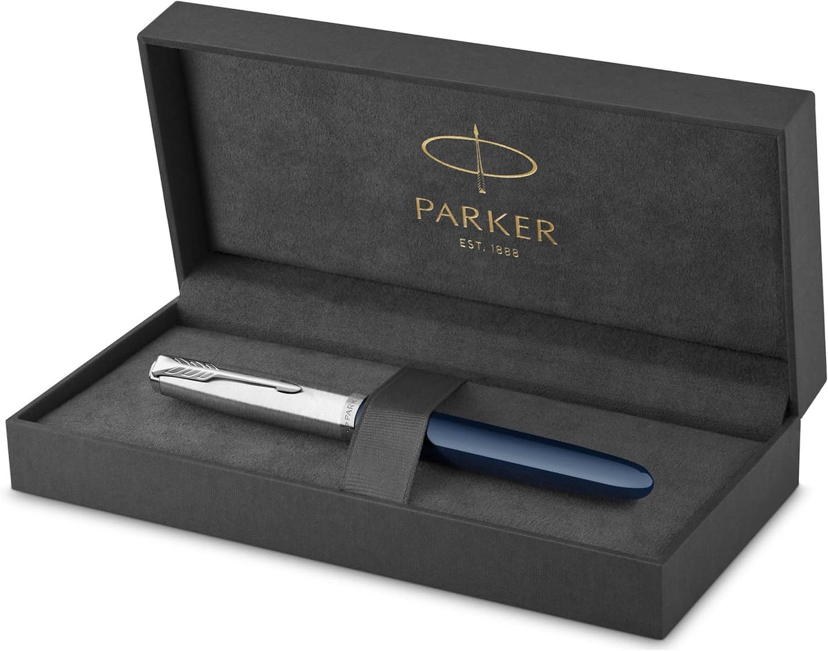 Parker 51 Fountain Pen, Midnight Blue Barrel, Chrome Trim, Fine Nib, Black Ink Cartridge, Gift Box