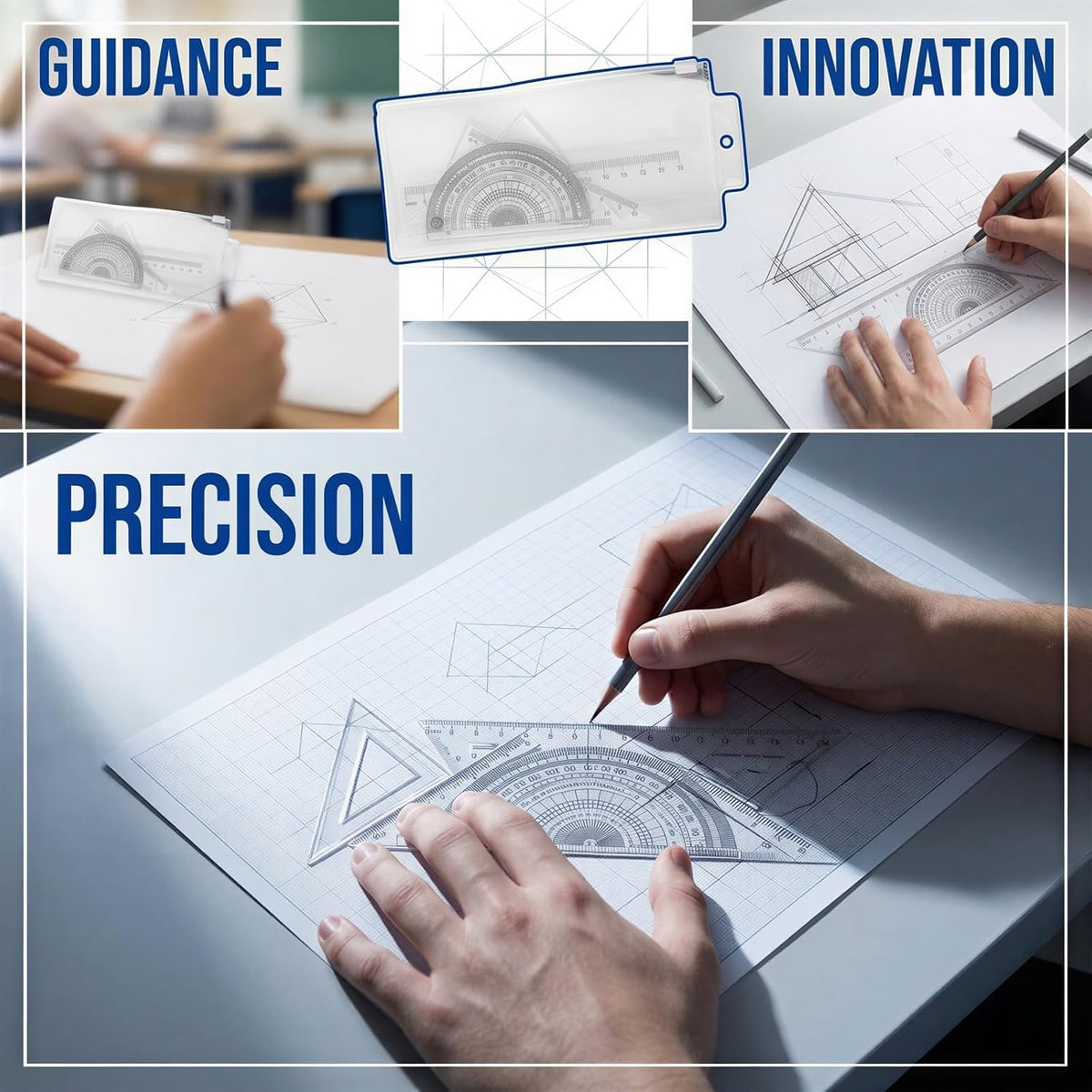 10 Pcs Ruler Set, Transparent Plastic Triangular Rulers, Protractors and Straightedge, Double Sided Metric and Imperial Scales, Clear Markings for Drawing and Drafting