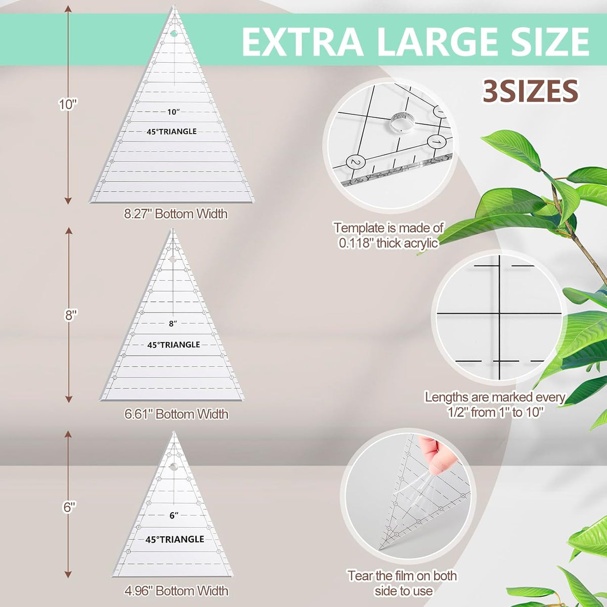 Kigley 3 Pcs 45 Degree Triangle Ruler for Quilting Acrylic Template Rulers Quilting Sewing Layer Cake Patchwork Supplies for Cutting Pattern DIY Craft(Clear, 6, 8, 10 Inch)