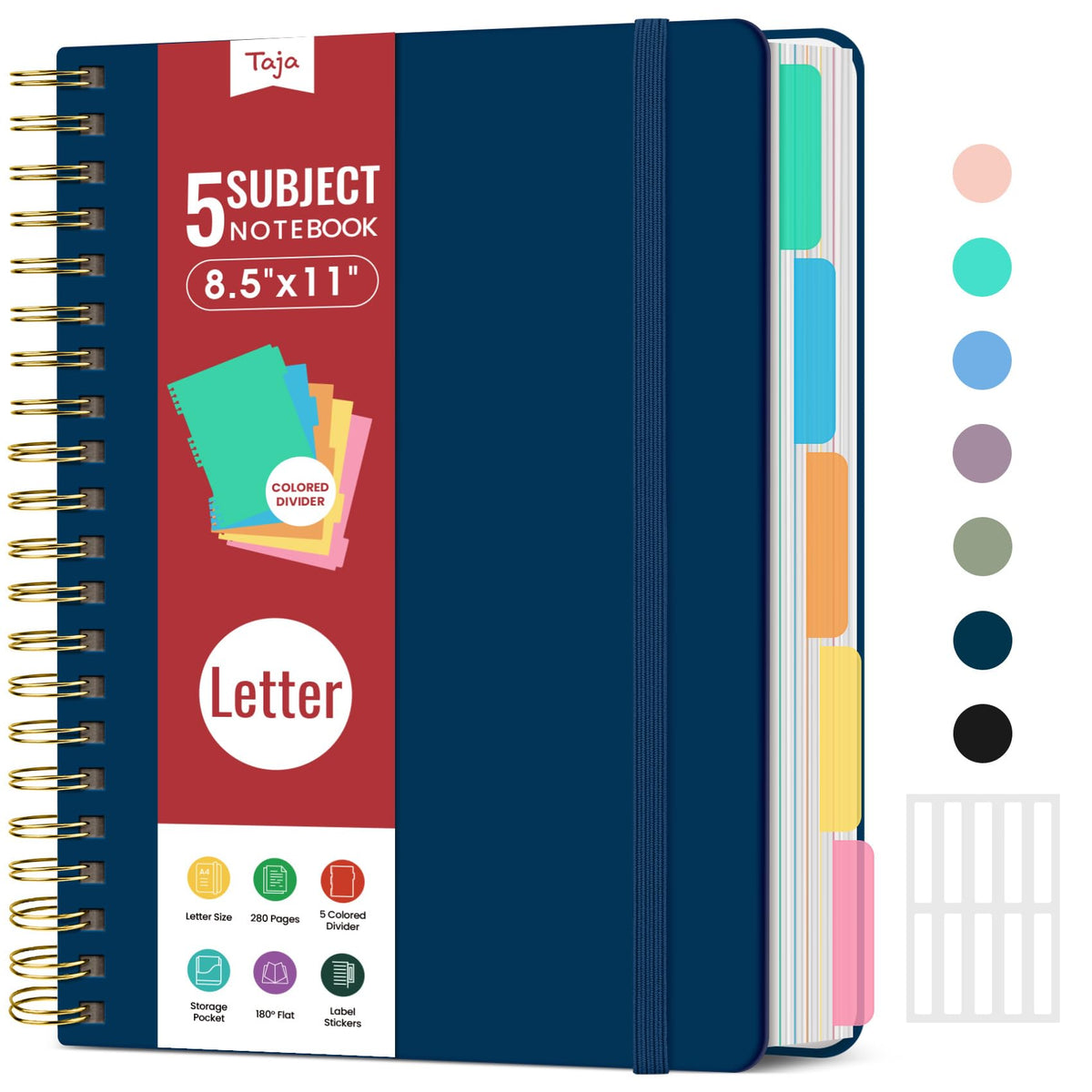 Taja Spiral Notebooks for Work 5 Subject Notebook with Removable Dividers