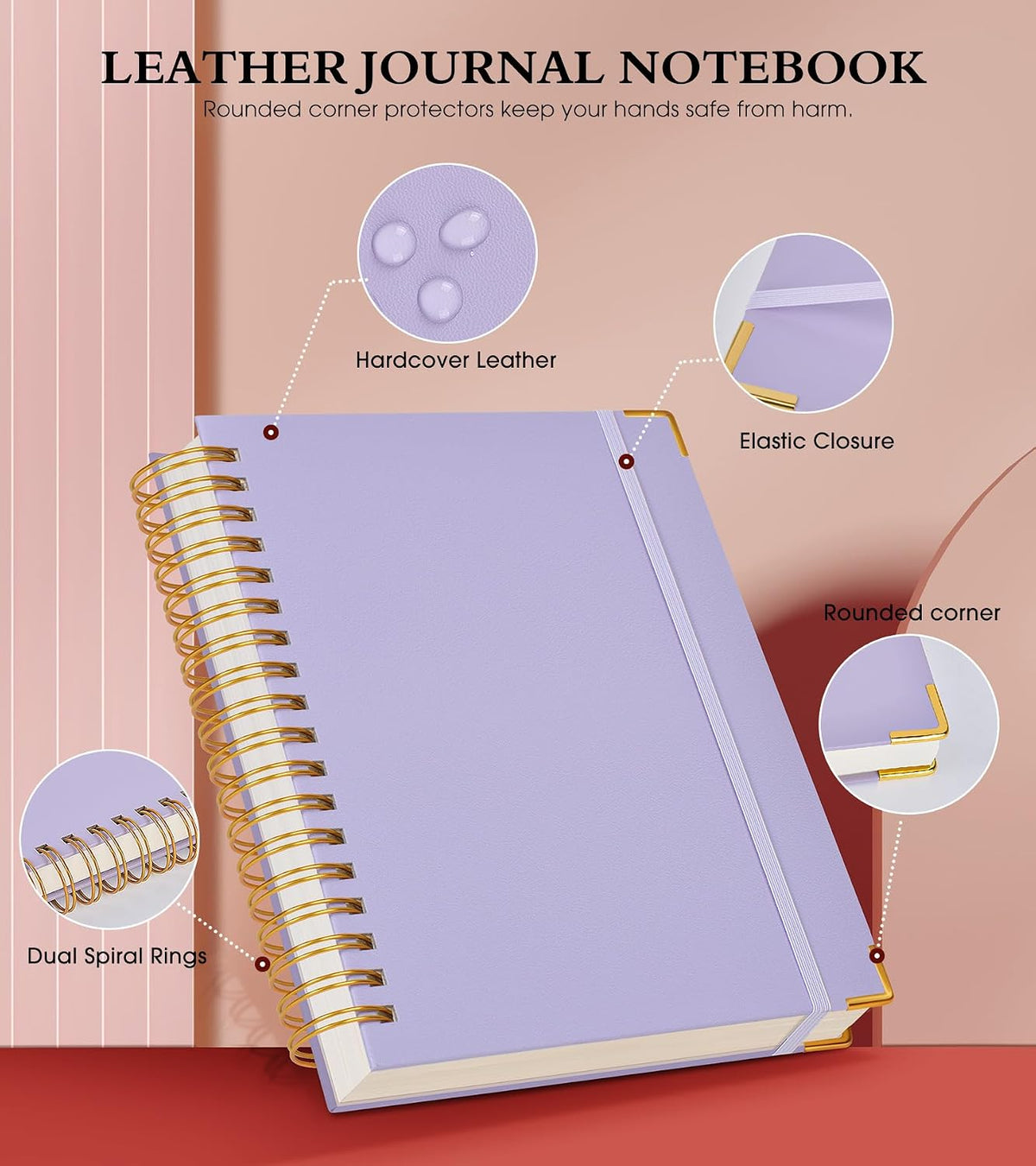 Spiral Notebook Journal 8.5” x 11”, 300 Pages Hardcover Leather Lined Journals for Women Men, A4 Large College Ruled Notebooks with 100 GSM Thick Paper, Spiral Journal for Writing Work School, Purple