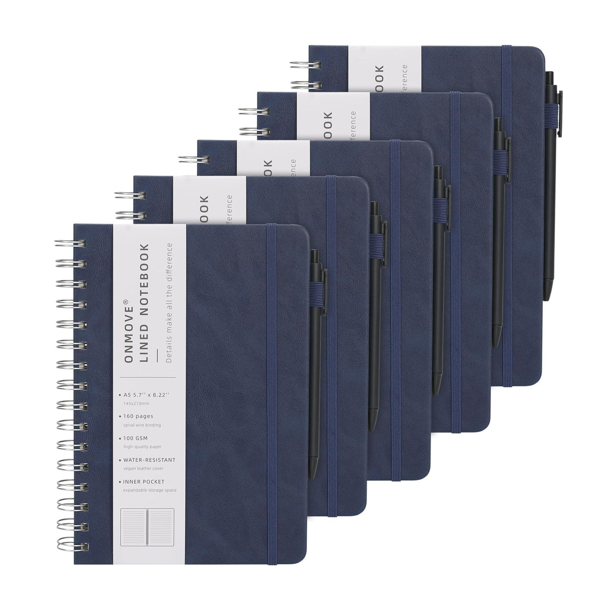 Spiral Notebooks Journal for Women Men 5 Pack Bulk Leather Hardcover with Pen Holder A5 160 Pages 100 GSM Thick Paper for Work School (Black)