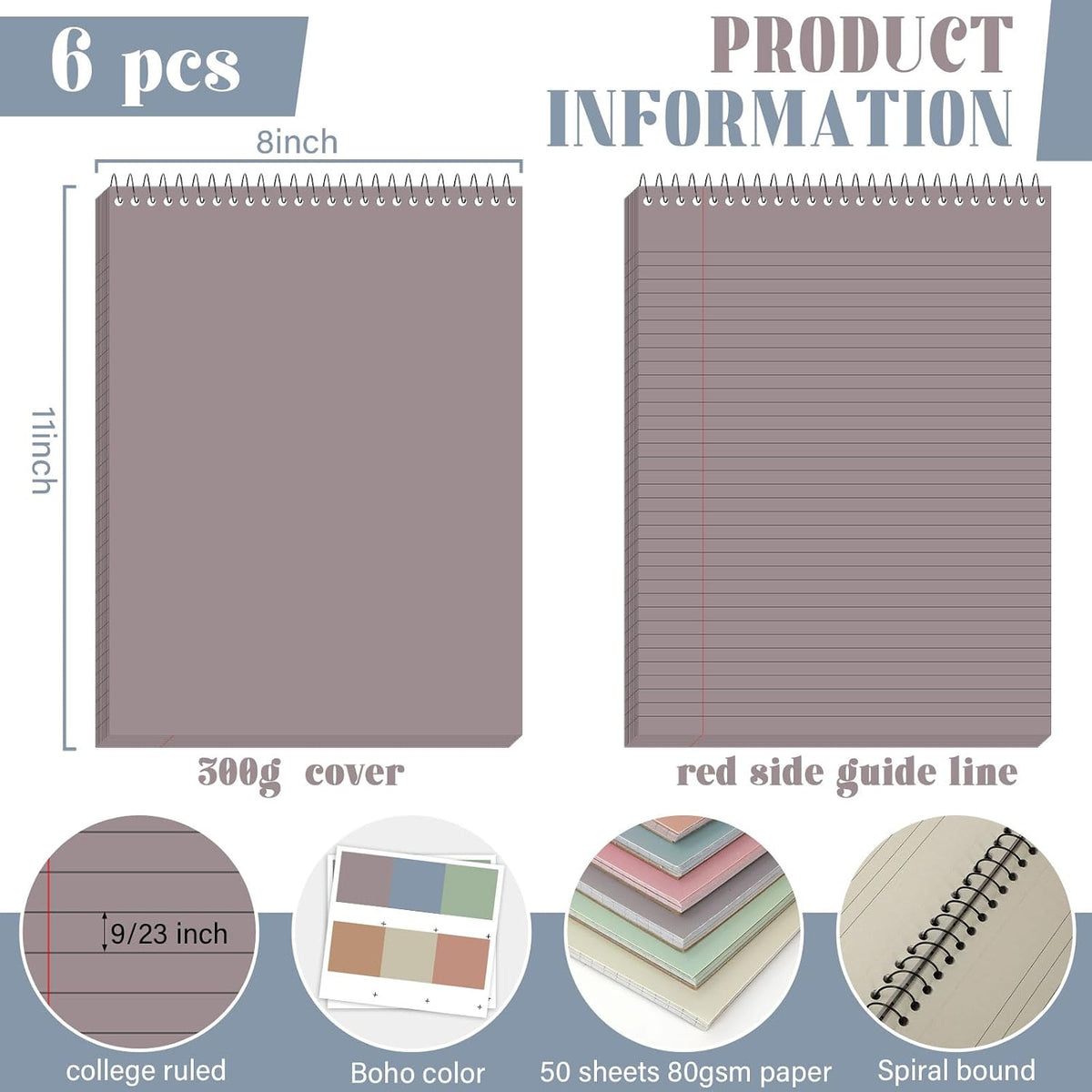 gisgfim 6Pcs Boho Top Spiral Notebooks 8.5x11 College Ruled Steno Pads