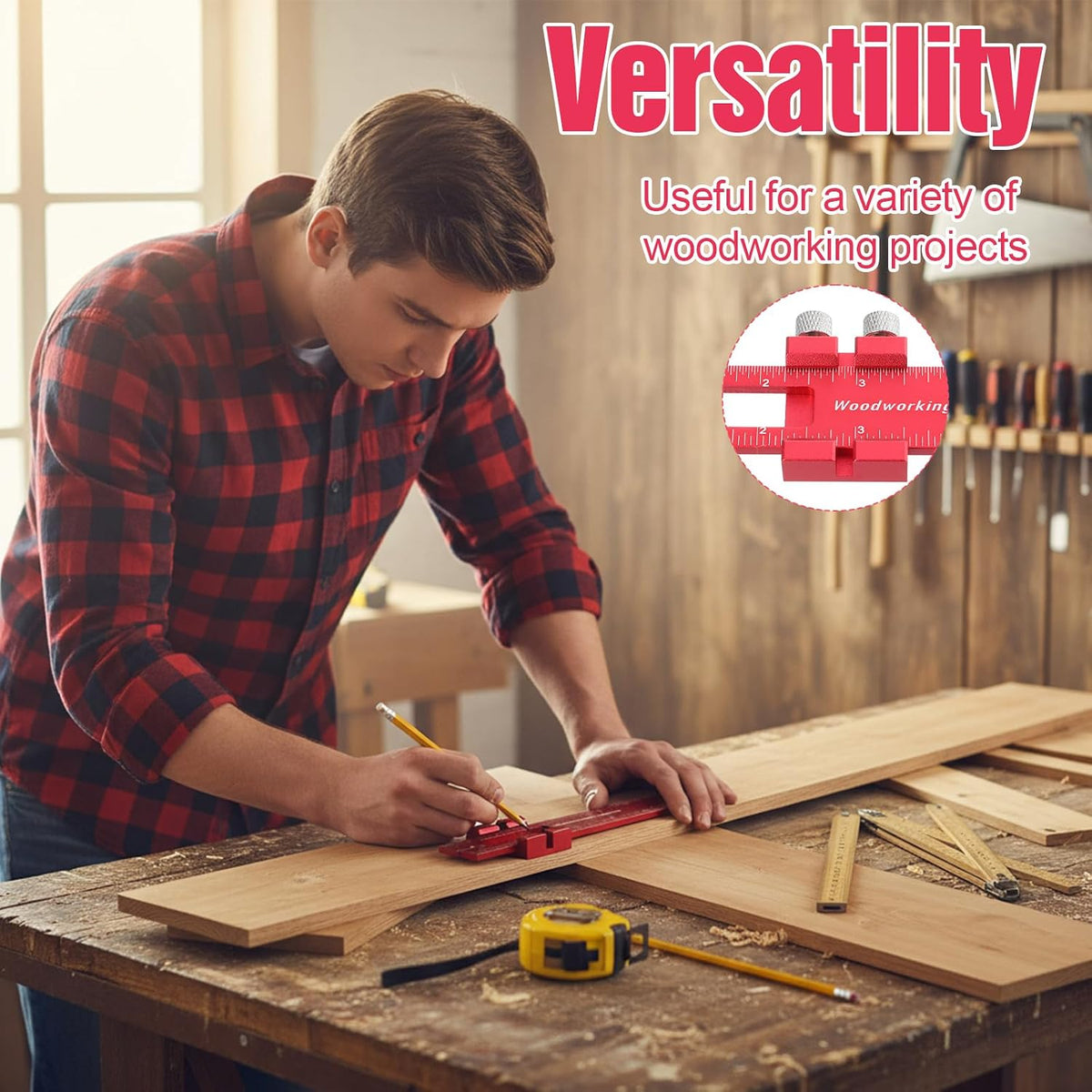 4 Pcs Woodworking Ruler, Metal Precision Pocket Rulers 12, 8, 6 Inch with 3D Multi Angle Measuring Ruler 45/90 Degree for Precision Measuring Marking Inch and Metric