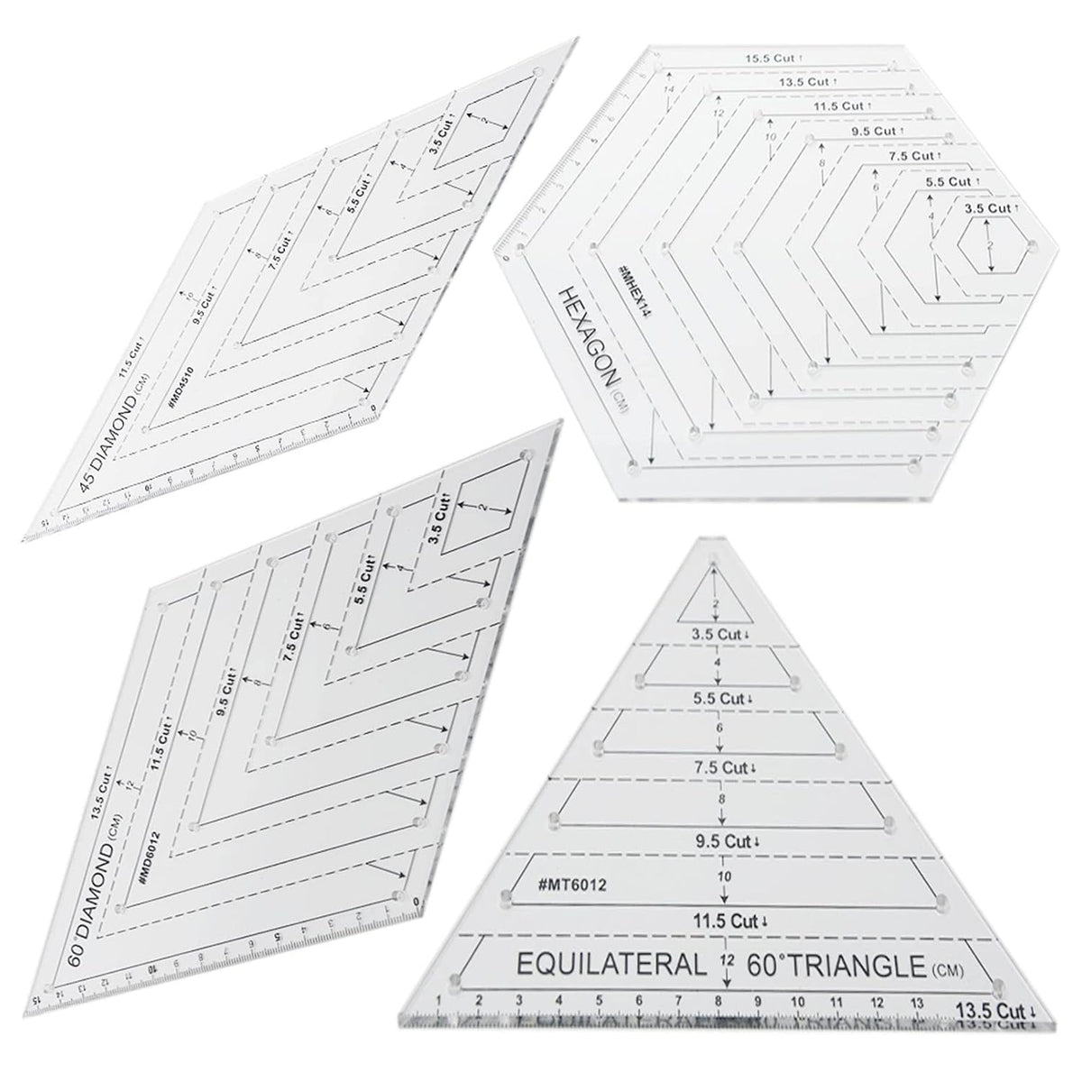 4 Pcs Quilting Rulers, Transparent Patchwork Sewing Cutting Craft Ruler, with 60 Degree Triangle and Diamond, 45 Degree Diamond, Hexagon Shape Templates Sewing DIY Tool(Transparent)