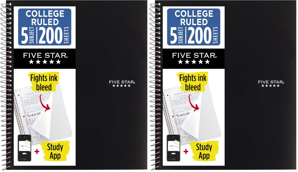 Five Star Spiral Notebook + Study App, 5 Subject, College Ruled Paper, 8-1/2" x 11", 200 Sheets, Fights Ink Bleed, Water Resistant Cover, Prom Pink (820004R)