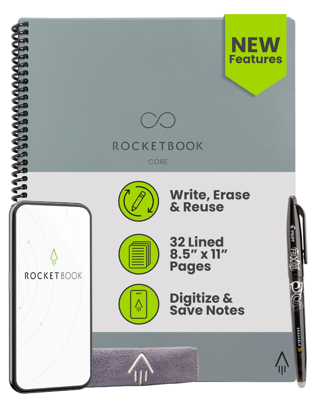 Rocketbook Core Reusable Smart Notebook, Letter Size 8.5x11, Black