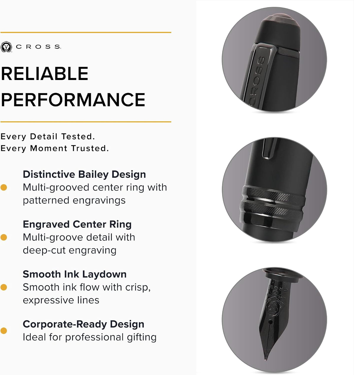 Cross Bailey Matte Black Lacquer Fine Nib Fountain Pen, Black Ink