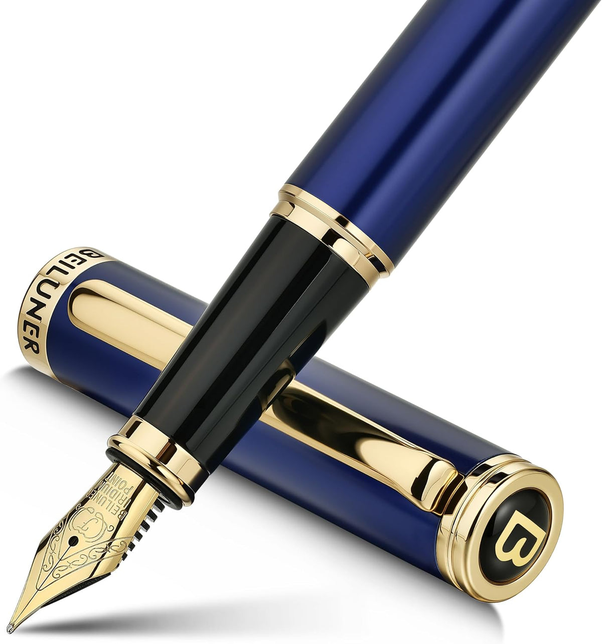 BEILUNER Blue Fountain Pen, 24K Gold Accents, Gorgeous 24K Gilded Nib(Fine)