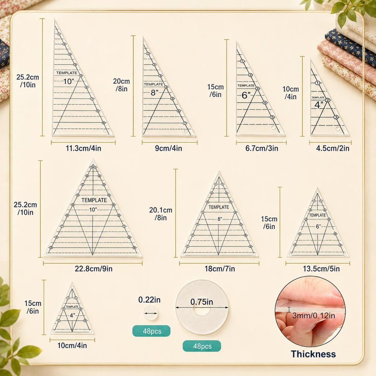 TSV 8 PCS Triangle Quilting Rulers: 50° Isosceles/25°-65°-90° Templates