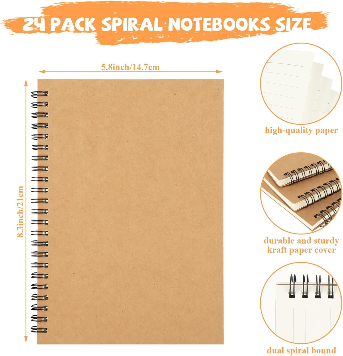 MIVIDE 24 Pack A5 Bulk Spiral Notebooks with Kraft Cover, 8.3 x 5.8 Inch 60 Pages Hardcover Spiral Lined Notebook Journal, Lined Travel Bulk Writing Paper Notebook for School Business Office Supplies