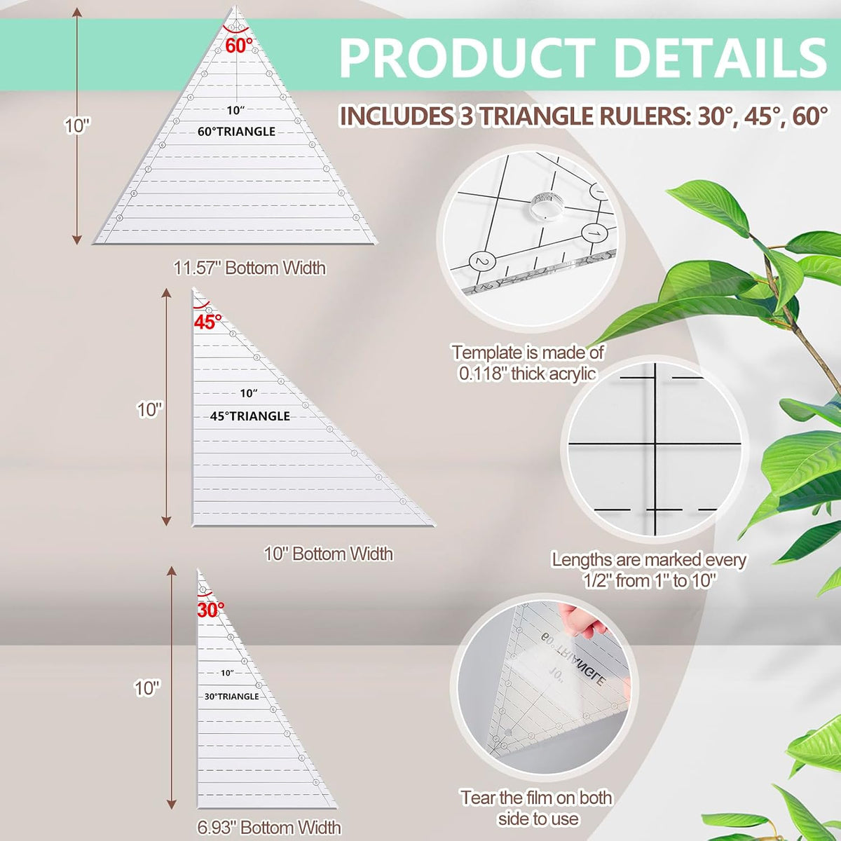 Kigley 3 Pcs 30 45 60 Degree Triangle Ruler for Quilting 10 Inch Acrylic Template Rulers Quilting Sewing Layer Cake Patchwork Supplies for Cutting Pattern DIY Craft(Clear)