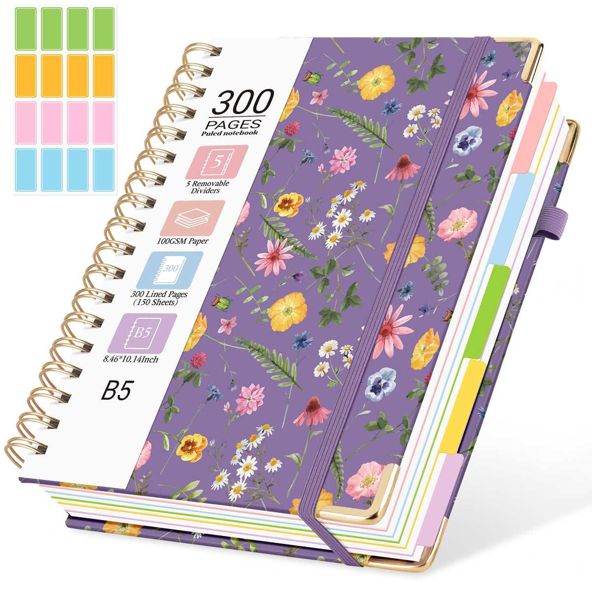 Hardcover Spiral Notebook, 5 Subject Notebook College Ruled 300 Pages