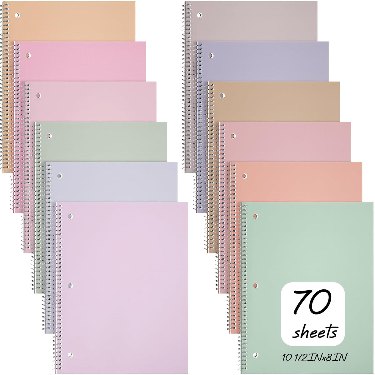 Teling 12 Pcs 1 Subject Spiral Notebook for Work College Ruled 8 x 10 1/2 Inch Spiral Journal Notebook 3 Hole Punched Paper Tear Line 70 Sheets Office School Study Supplies (Pastel Color)