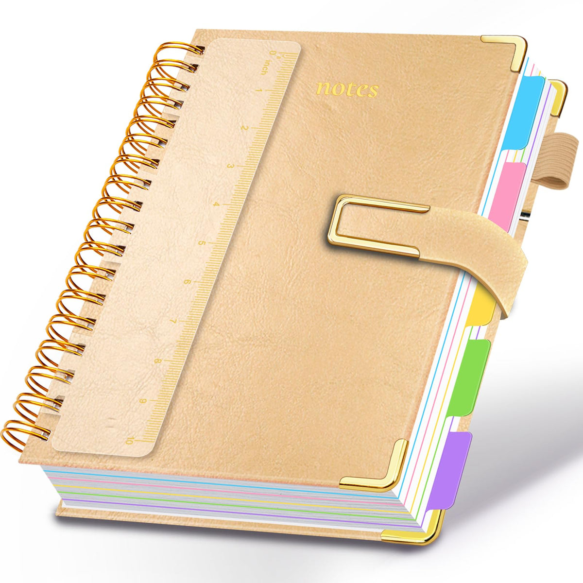 Hardcover Spiral Notebook College Ruled, 6.2"x 8.2" Leather Journal Notebook with Magnetic Closure, 300 Pages 5 Subject Notebook with Dividers Tabs Journal for Women Men, Work, School(Sage Green)