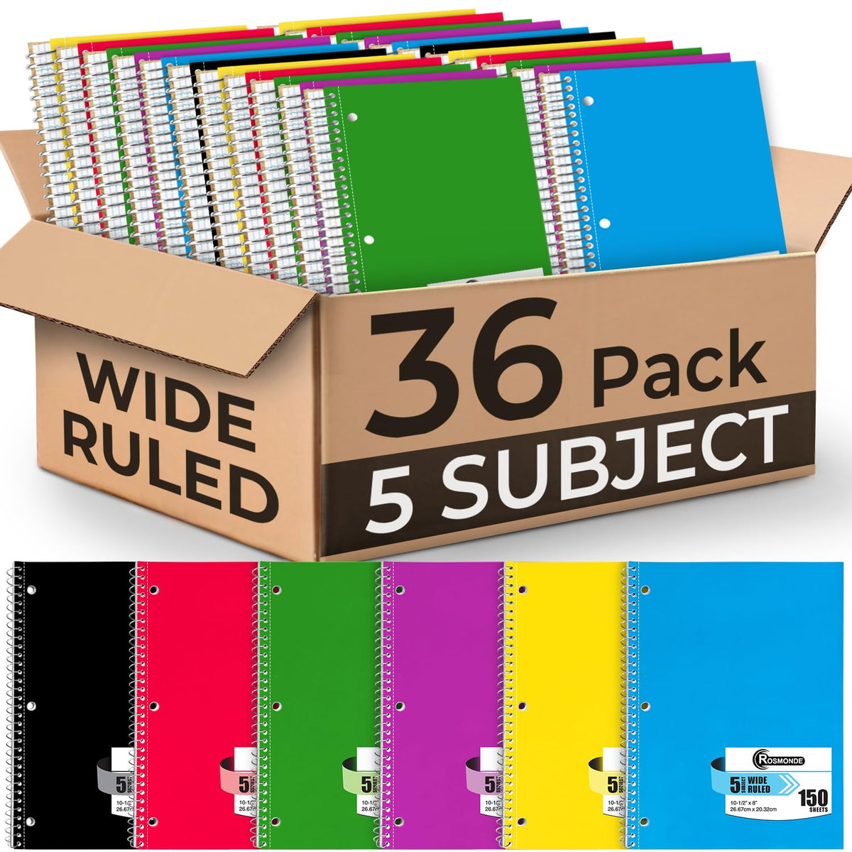 Rosmonde 24 Pack, 5 Subject Notebook Wide Ruled, 150 Sheets (300 Pages)