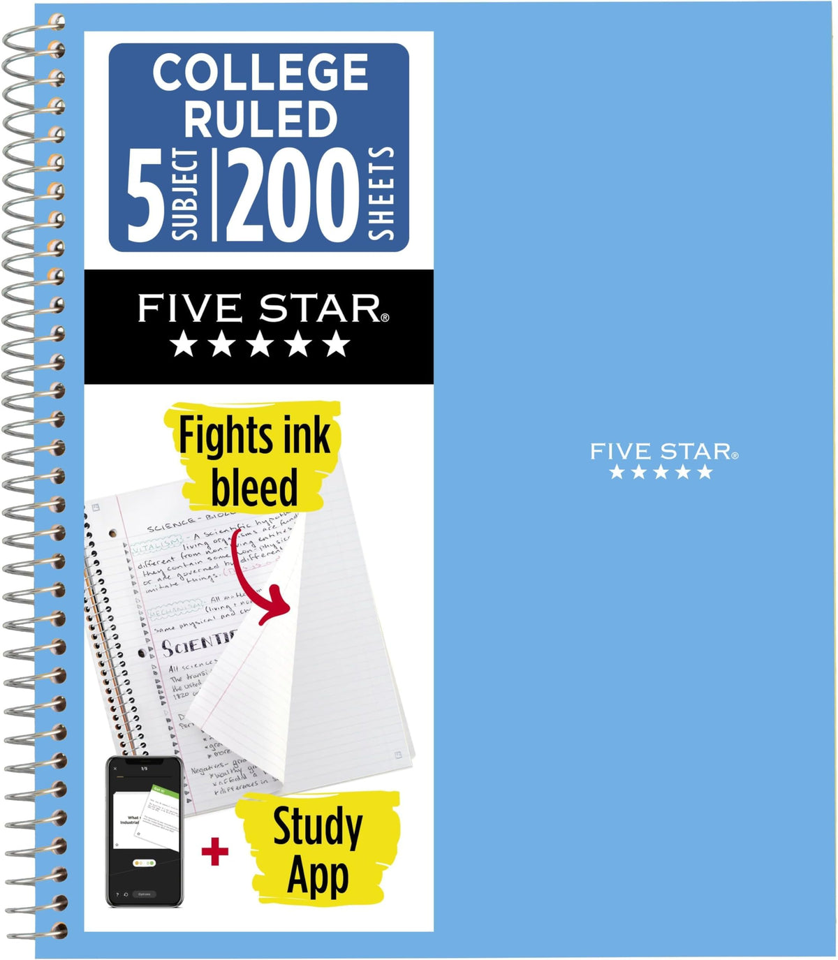 Five Star Spiral Notebook + Study App, 5 Subject, College Ruled Paper, 8-1/2" x 11", 200 Sheets, Fights Ink Bleed, Water Resistant Cover, Prom Pink (820004R)