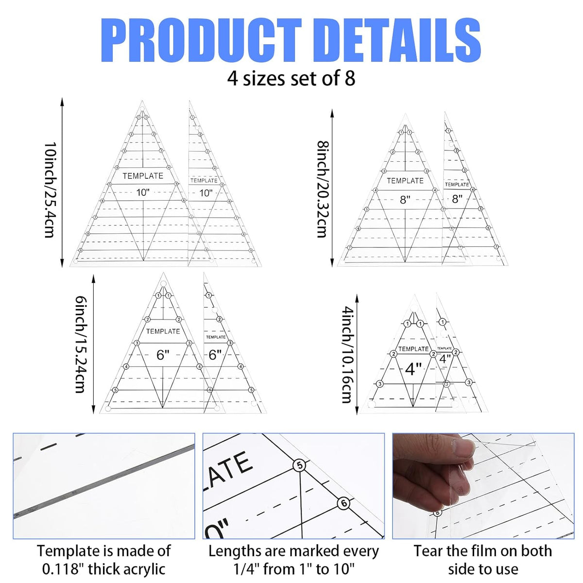 8 Pcs Tall Triangle Ruler for Quilting 4 6 8 10 Inch Acrylic Template Rulers Quilting Sewing Layer Cake Patchwork Supplies for Cutting Pattern DIY Craft (Clear)