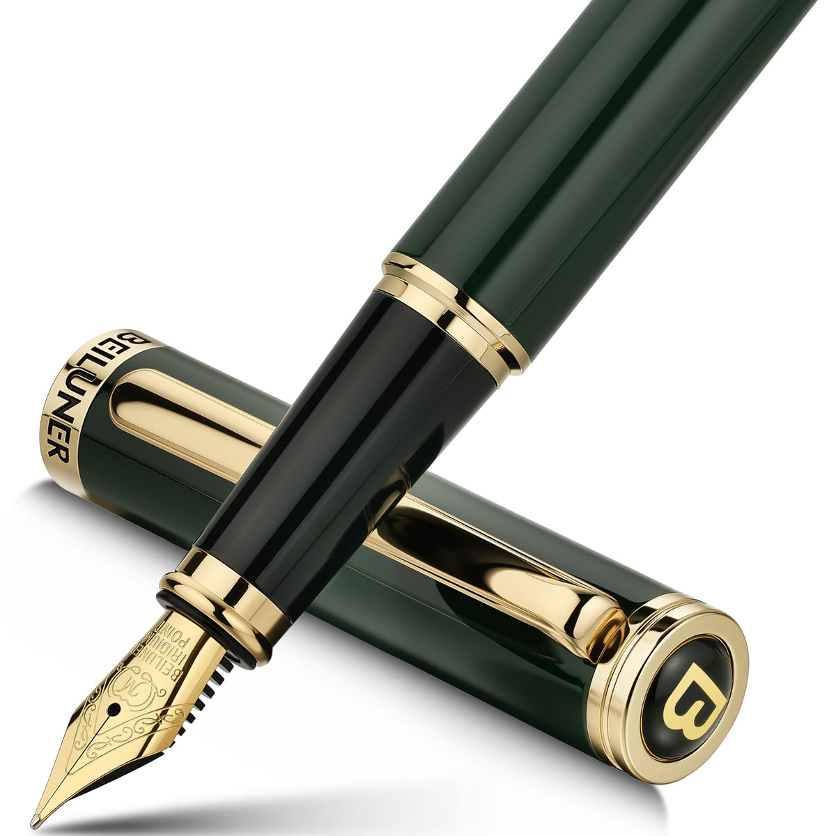 BEILUNER Blue Fountain Pen, 24K Gold Accents,24K Gilded Nib(Medium)