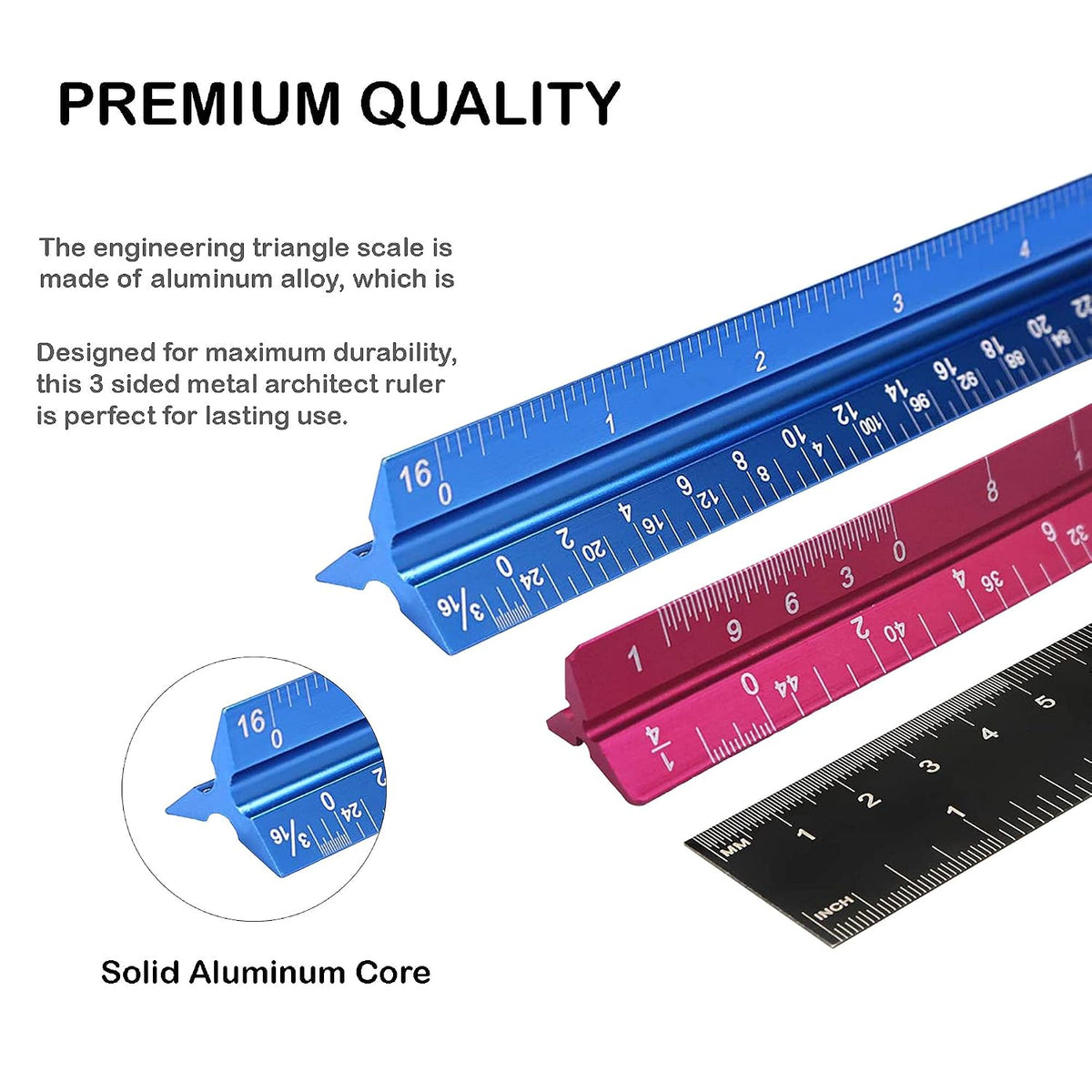 Set of 3 Aluminum Engineering Scale Metal Ruler Set, Architectural Scale Rulers 12 Inch and 6 Inch Triangle Ruler and 12 Inch Straight Edge Ruler Drafting Tools for Architects, Draftsman