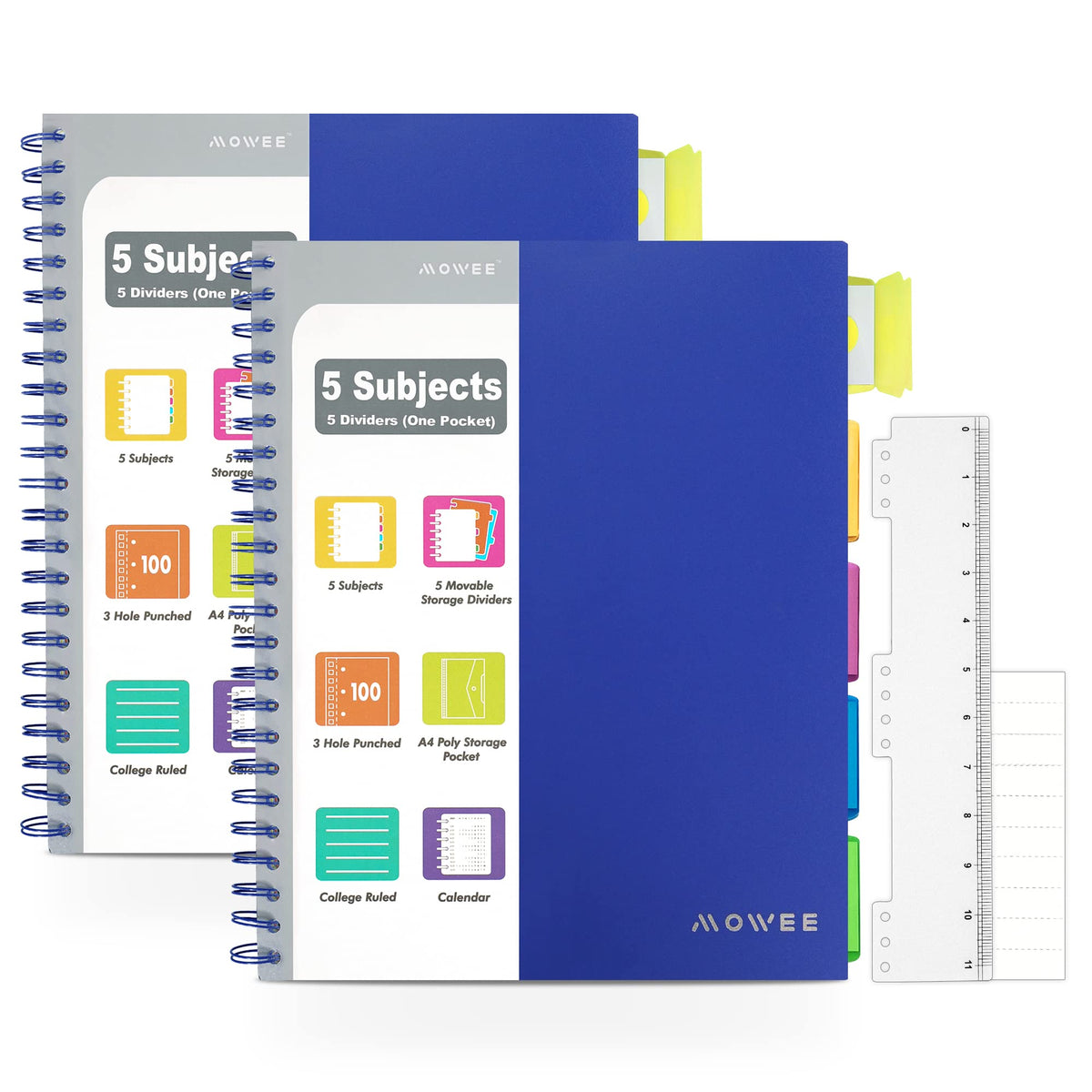 Spiral Notebook - 5 Subject Notebook, College Ruled Notebook 3-Hole Punched With Dividers, Storage Pockets, 11" Ruler, 200 Pages, for Writing Journal, Home &Office, School Supplies(Black)