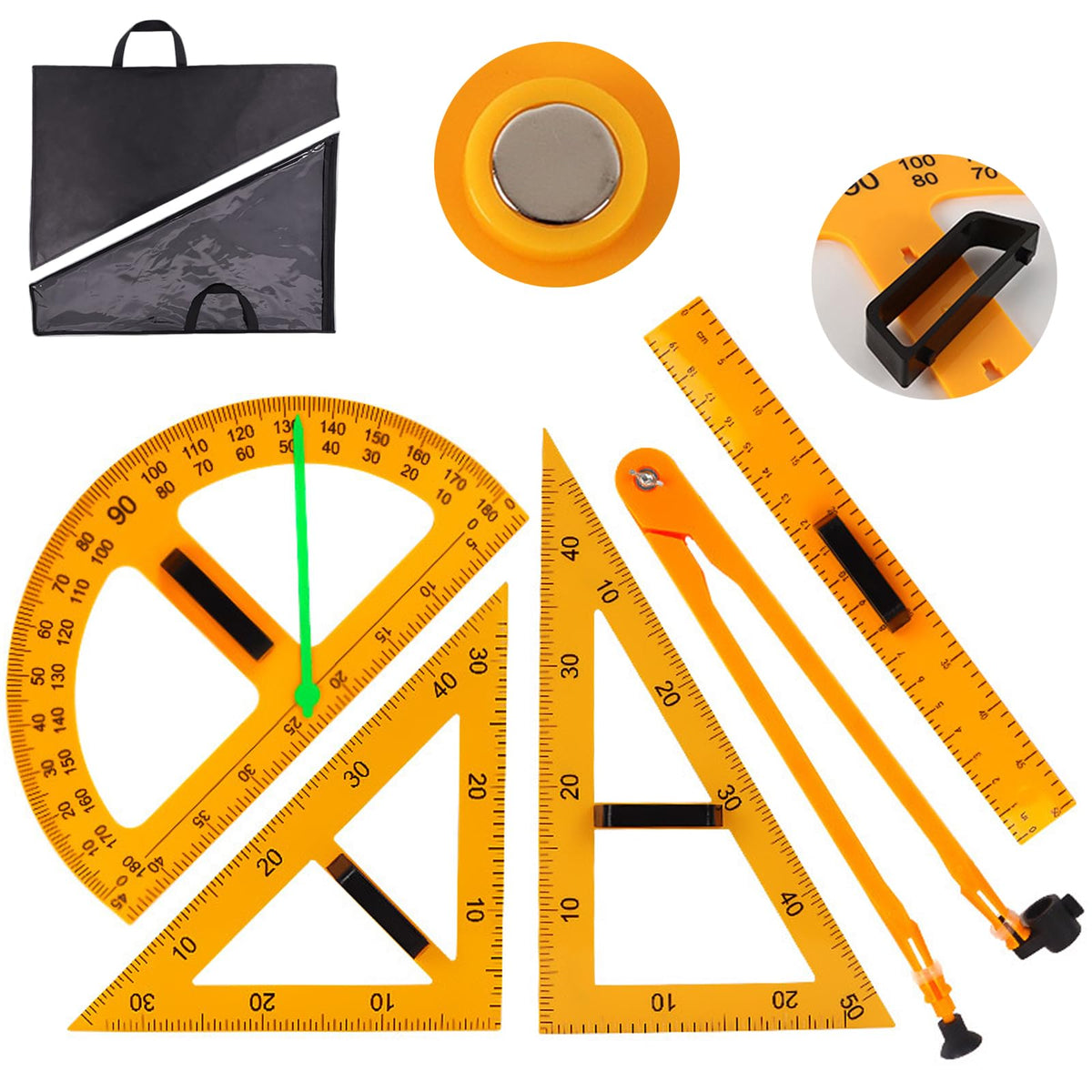 Magnetic Triangular Scale Ruler Set Drafting Tools Mathematics Protractor Pencil Compass, Math Geometry Classroom Teaching Measurement Set Oversized Ruler (4-pcs Ruler Compass Protractor)
