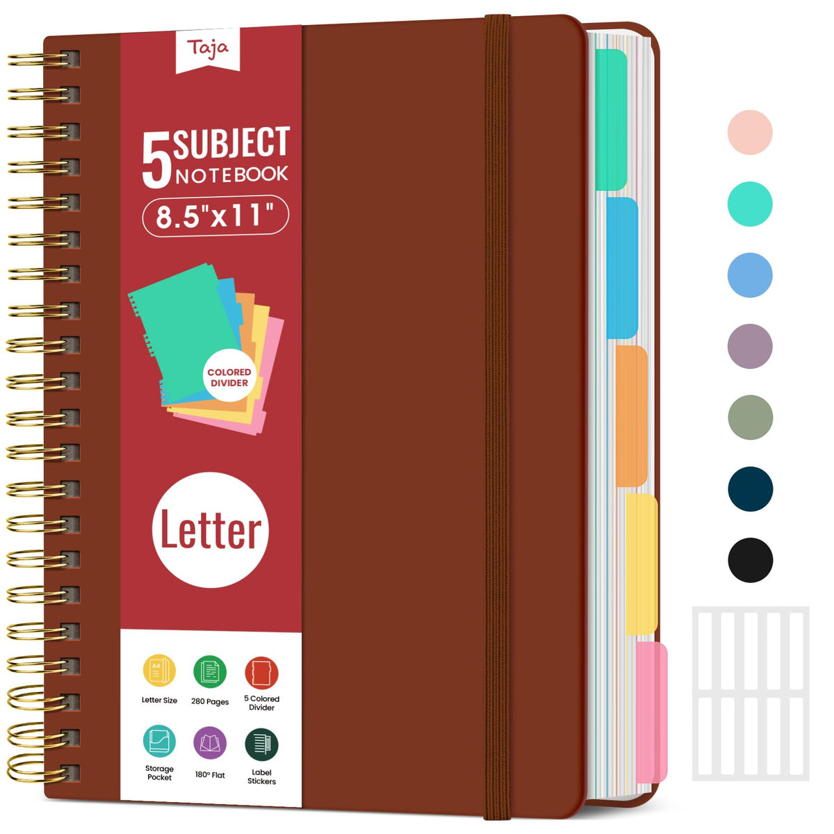 Taja Spiral Notebooks for Work 5 Subject Notebook with Removable Dividers