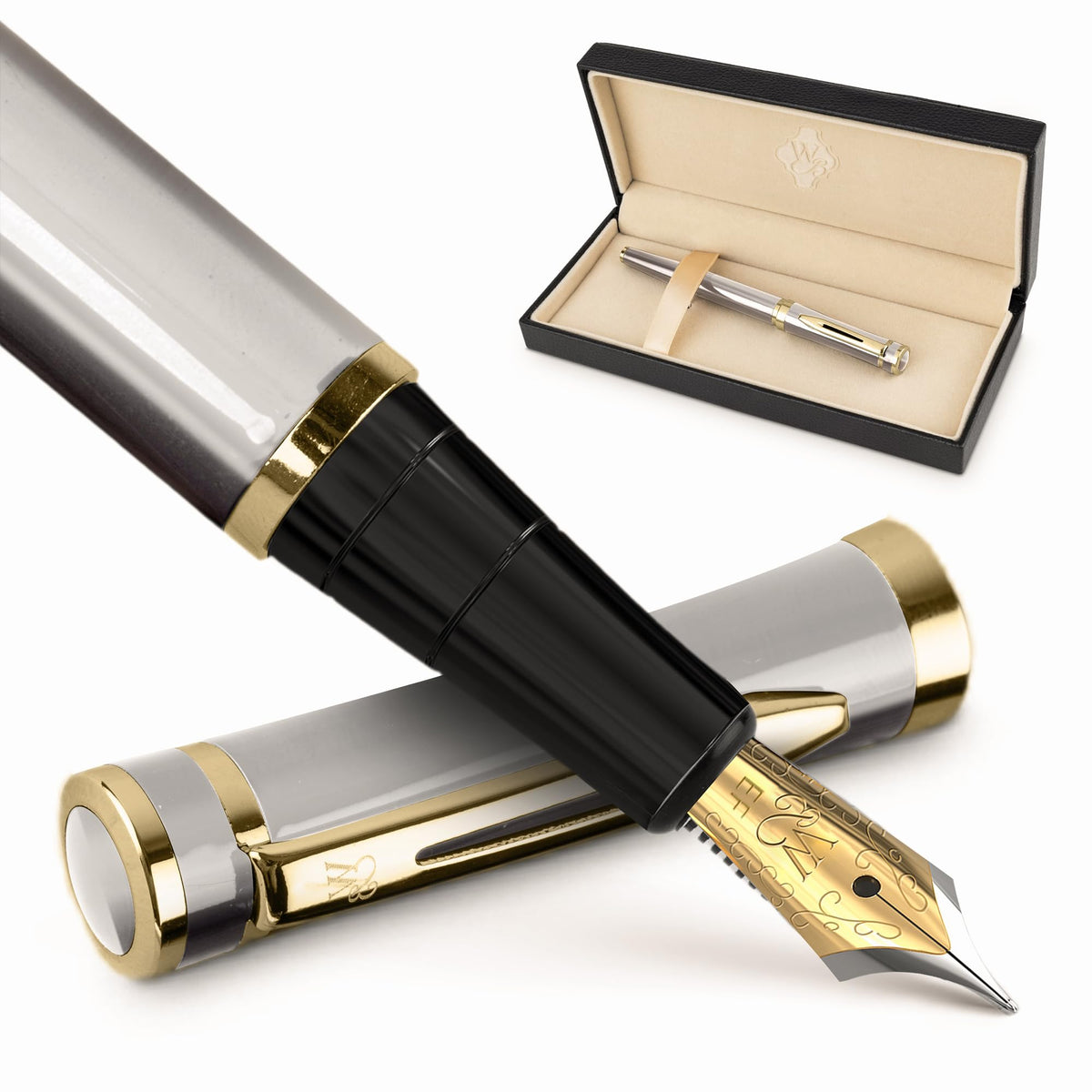 Wordsworth & Black Luxury Fountain Pen Set for Writing, Medium Nib, Silver