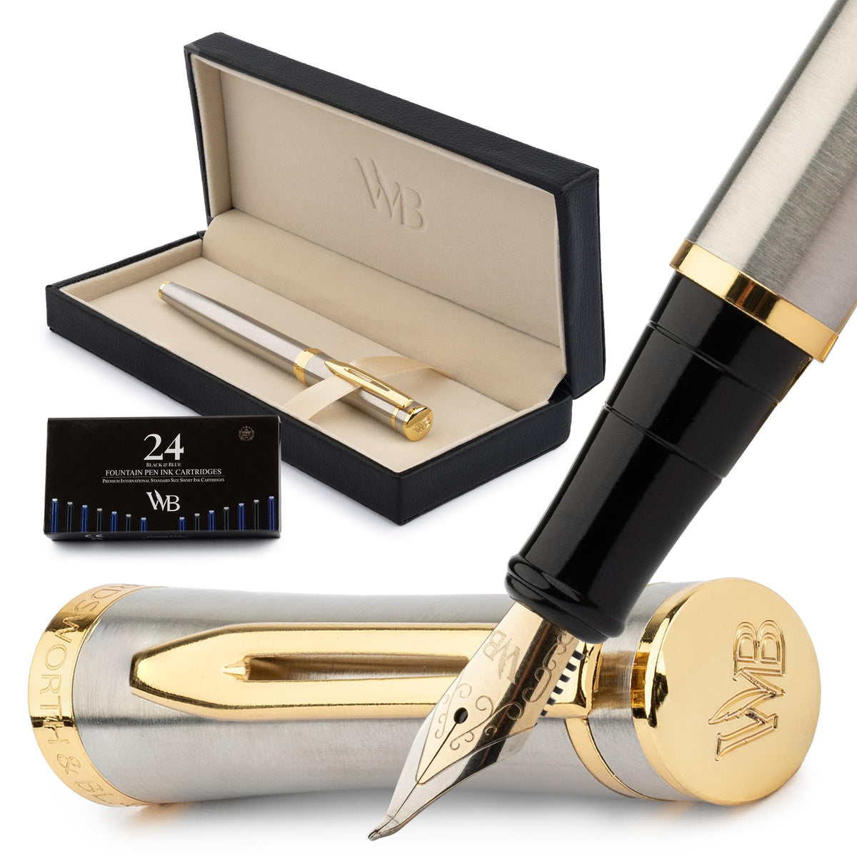 Wordsworth & Black Luxury Fountain Pen Set for Writing, Medium Nib, Silver