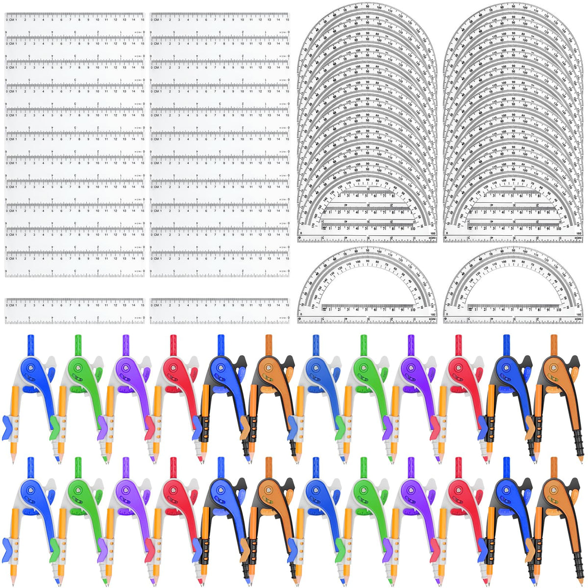 72 Pack Math Compass & Protractor Geometry Math Plastic Ruler Set