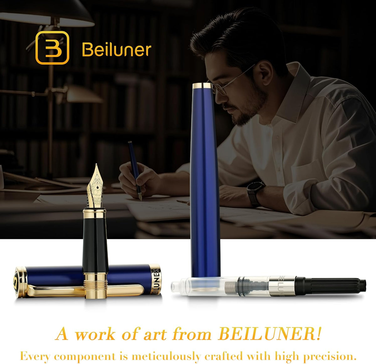BEILUNER Blue Fountain Pen, 24K Gold Accents, Gorgeous 24K Gilded Nib(Fine)