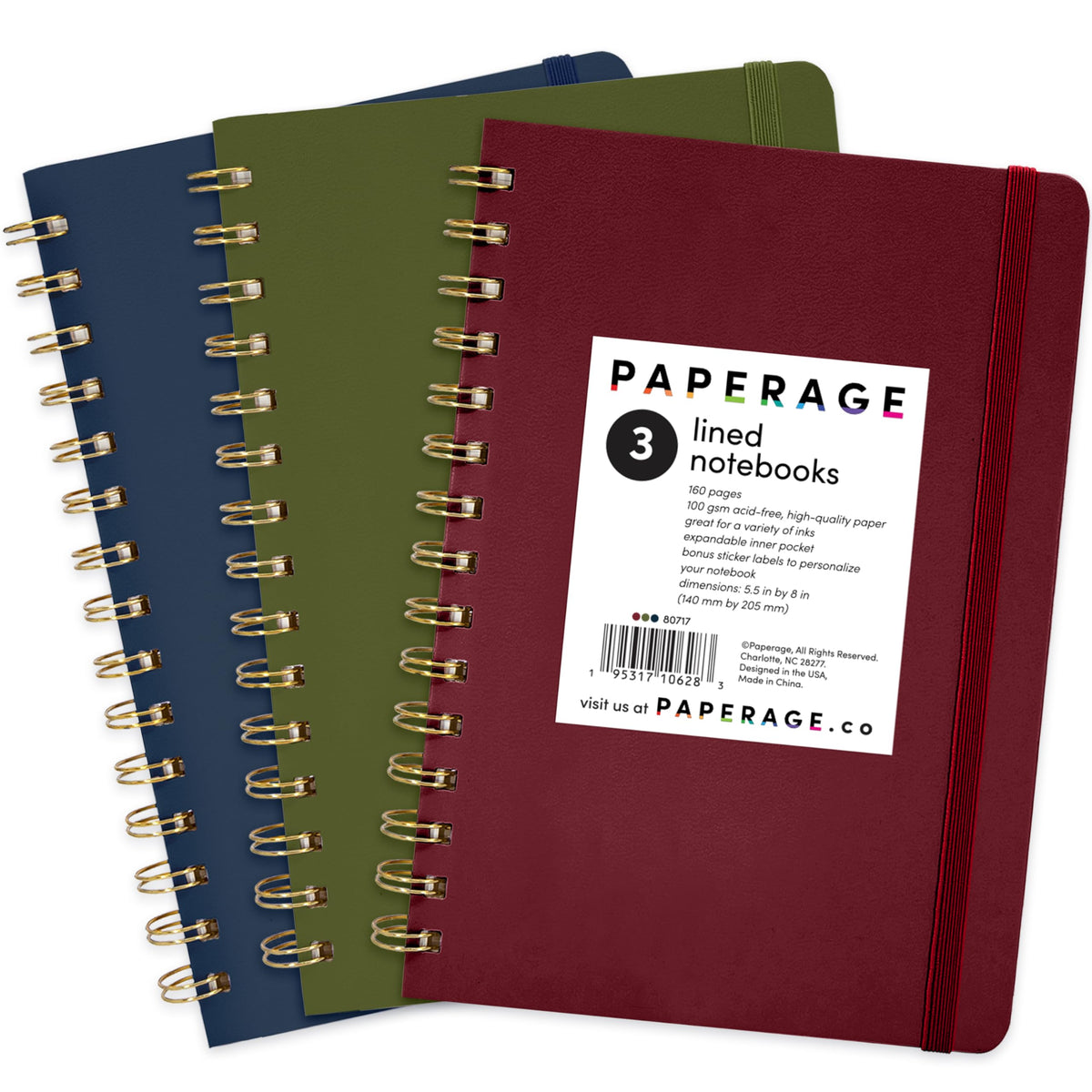 PAPERAGE Lined Spiral Journal Notebook, (Burgundy, Navy, Olive Green), 3 Pack, 160 Pages, Medium 5.5 inches x 8 inches - 100 GSM Thick Paper, Hardcover, Double-Wire Spiral Journal & Notebook