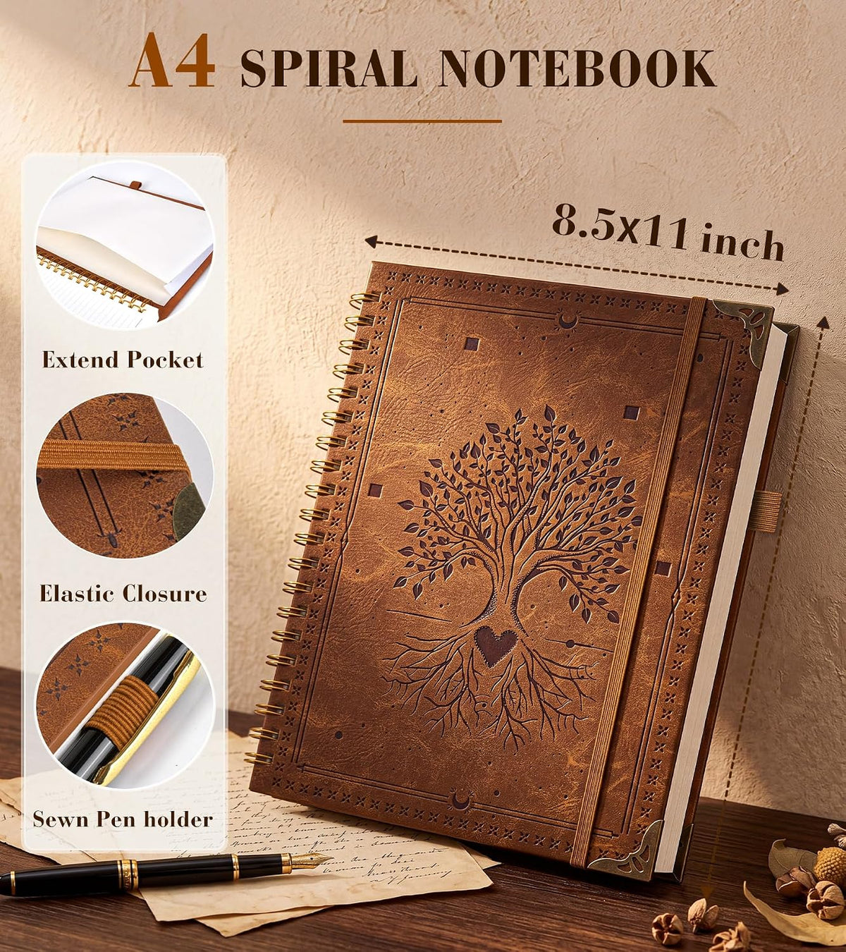 dilitego Leather Spiral Notebook Journal 8.5 x 11, Large A4 Hardcover Spiral Notebooks College Ruled, 100 GSM Thick Journals for Writing, 200 Pages Lined Vintage Journal for Women Men, Brown