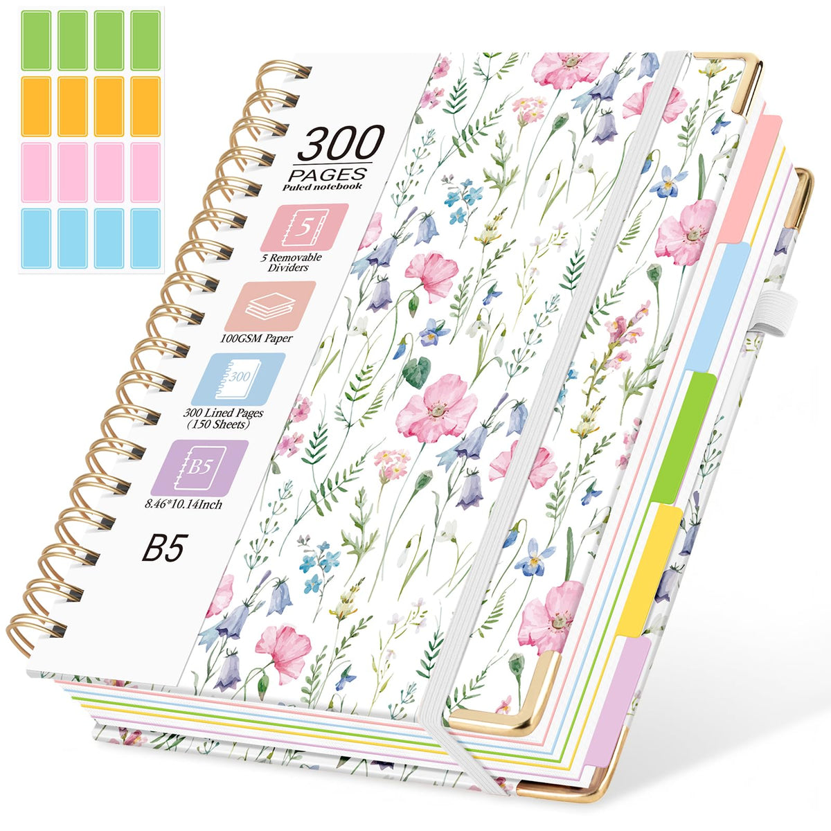 Hardcover Spiral Notebook, 5 Subject Notebook College Ruled 300 Pages