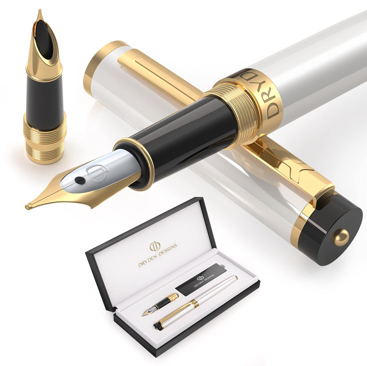 Dryden Designs Fountain Pen - Medium Nib and Fine Nib | Includes Luxury Box, 6 Ink Cartridges - 3 Black 3 Blue and Ink Refill Converter - Mysterious Blue