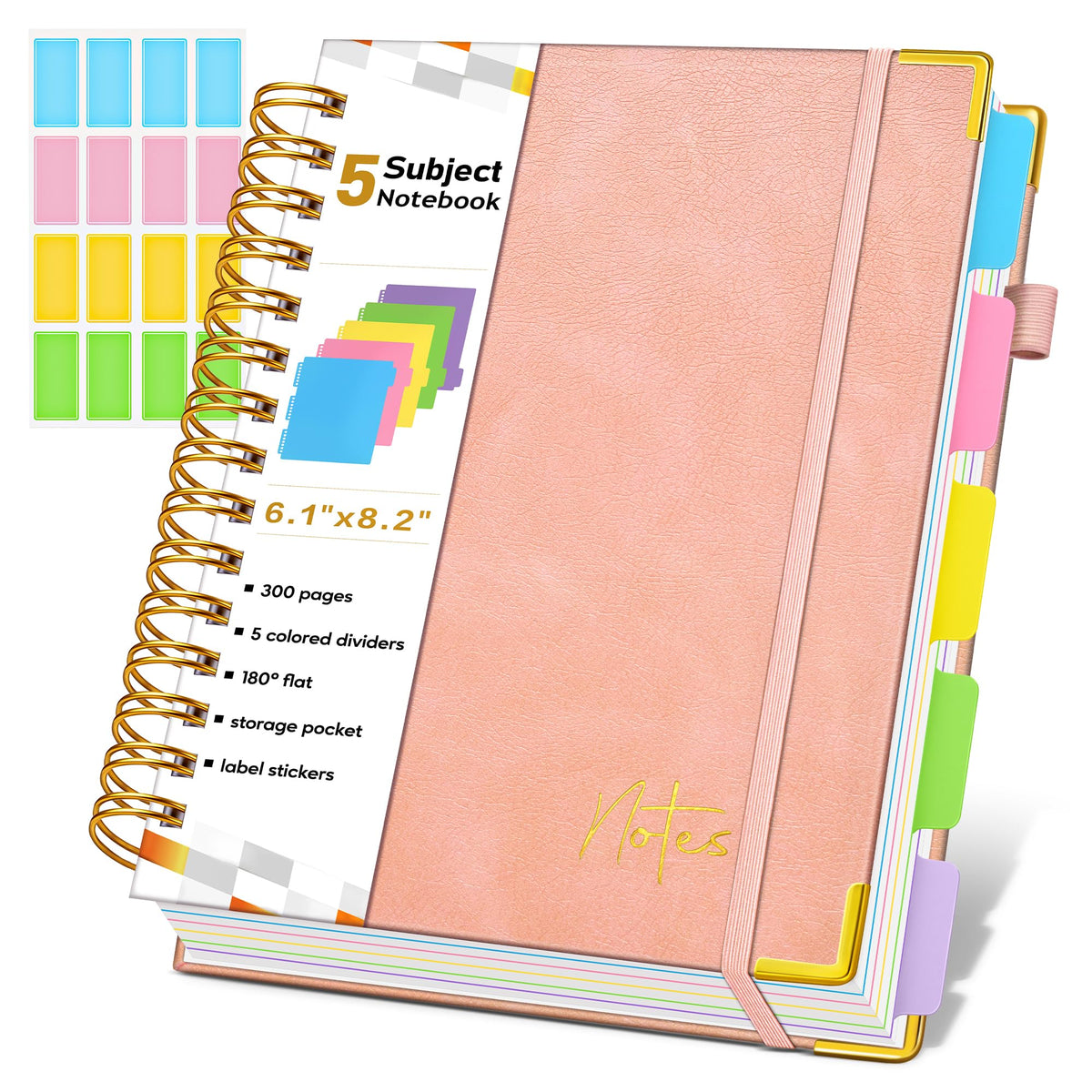 Spiral Notebook Journal with Removable Dividers Tabs, 300 Pages Hardcover Leather 5 Subject College Ruled Notebook, 8"x10" Large B5 Lined Journal for Women Men, Spiral Notebooks for Work School,Purple