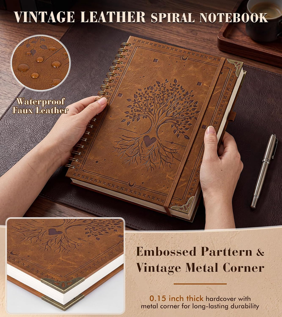 dilitego Leather Spiral Notebook Journal 8.5 x 11, Large A4 Hardcover Spiral Notebooks College Ruled, 100 GSM Thick Journals for Writing, 200 Pages Lined Vintage Journal for Women Men, Brown
