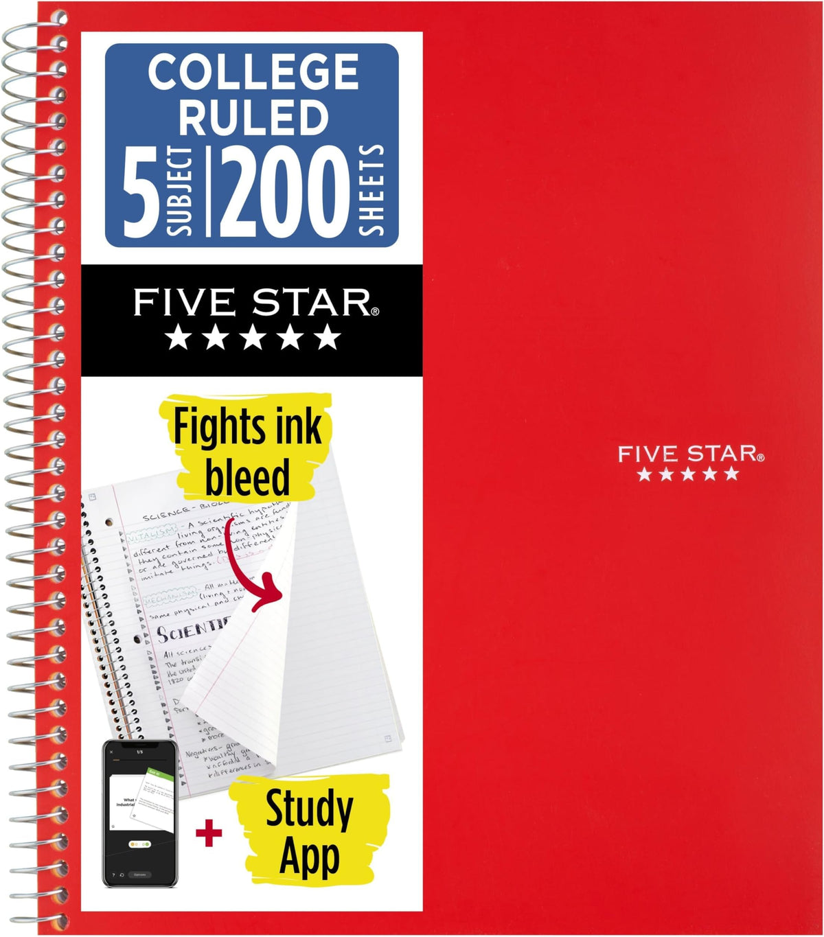 Five Star Spiral Notebook + Study App, 5 Subject, College Ruled Paper, 8-1/2" x 11", 200 Sheets, Fights Ink Bleed, Water Resistant Cover, Prom Pink (820004R)