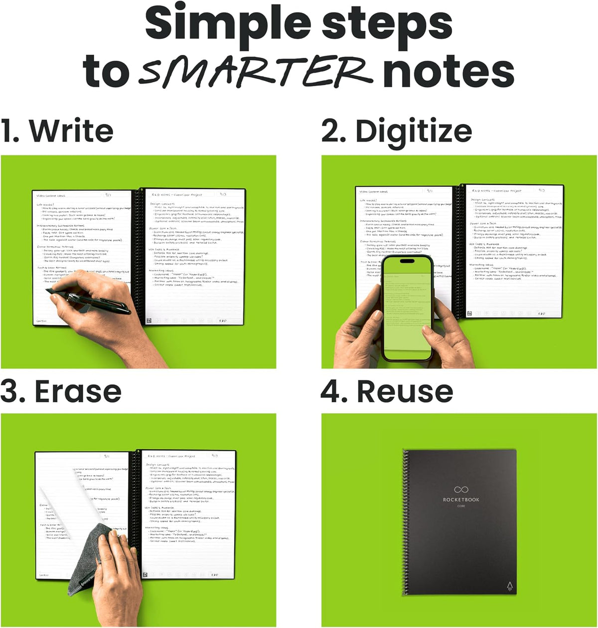 Rocketbook Core Reusable Smart Notebook, Letter Size 8.5x11, Black