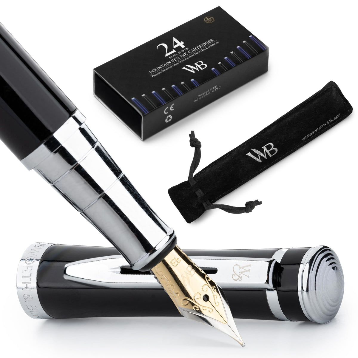 Wordsworth & Black Fountain Pen Set for Writing, Extra Fine Nib, Silver