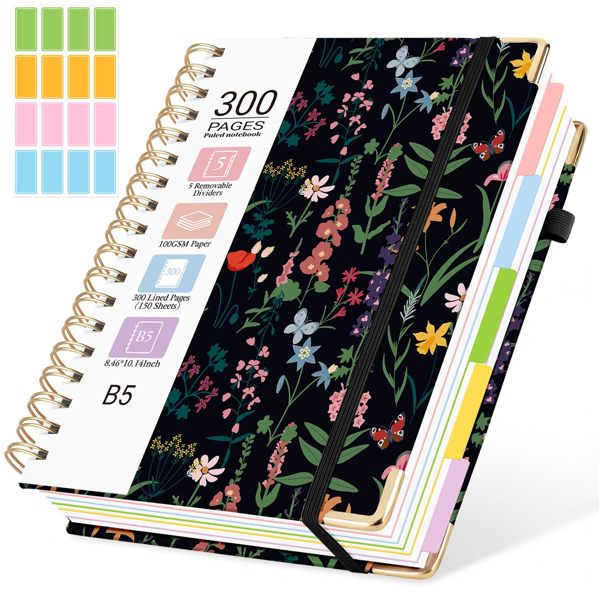 Hardcover Spiral Notebook, 5 Subject Notebook College Ruled 300 Pages