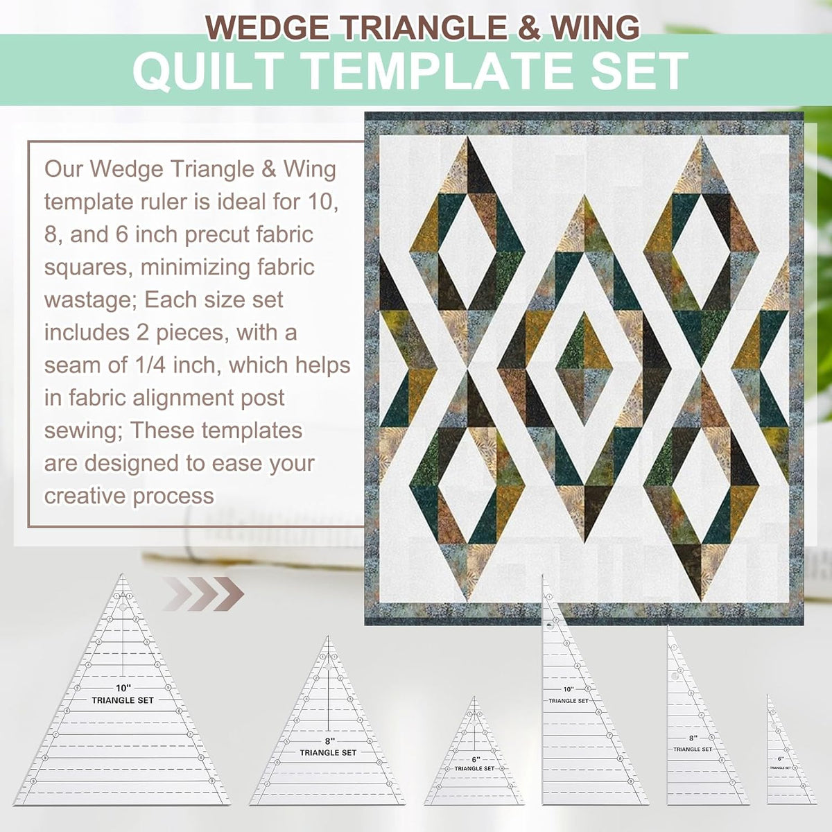 Kigley 3 Set Tall Triangle Rulers for Quilting 6 8 10 Inch Wedge Triangle & Wing Quilting Rulers and Templates Acrylic Quilt Templates for Sewing Layer Cake Patchwork Cutting Pattern DIY Craft