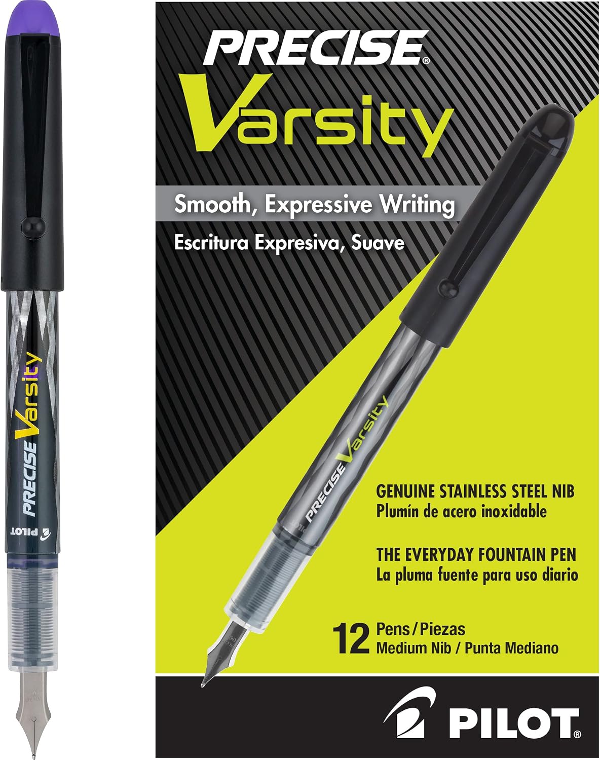 PILOT Precise Varsity Pre-Filled Fountain Pens, 1.0mm, Black Ink, 12-Pack