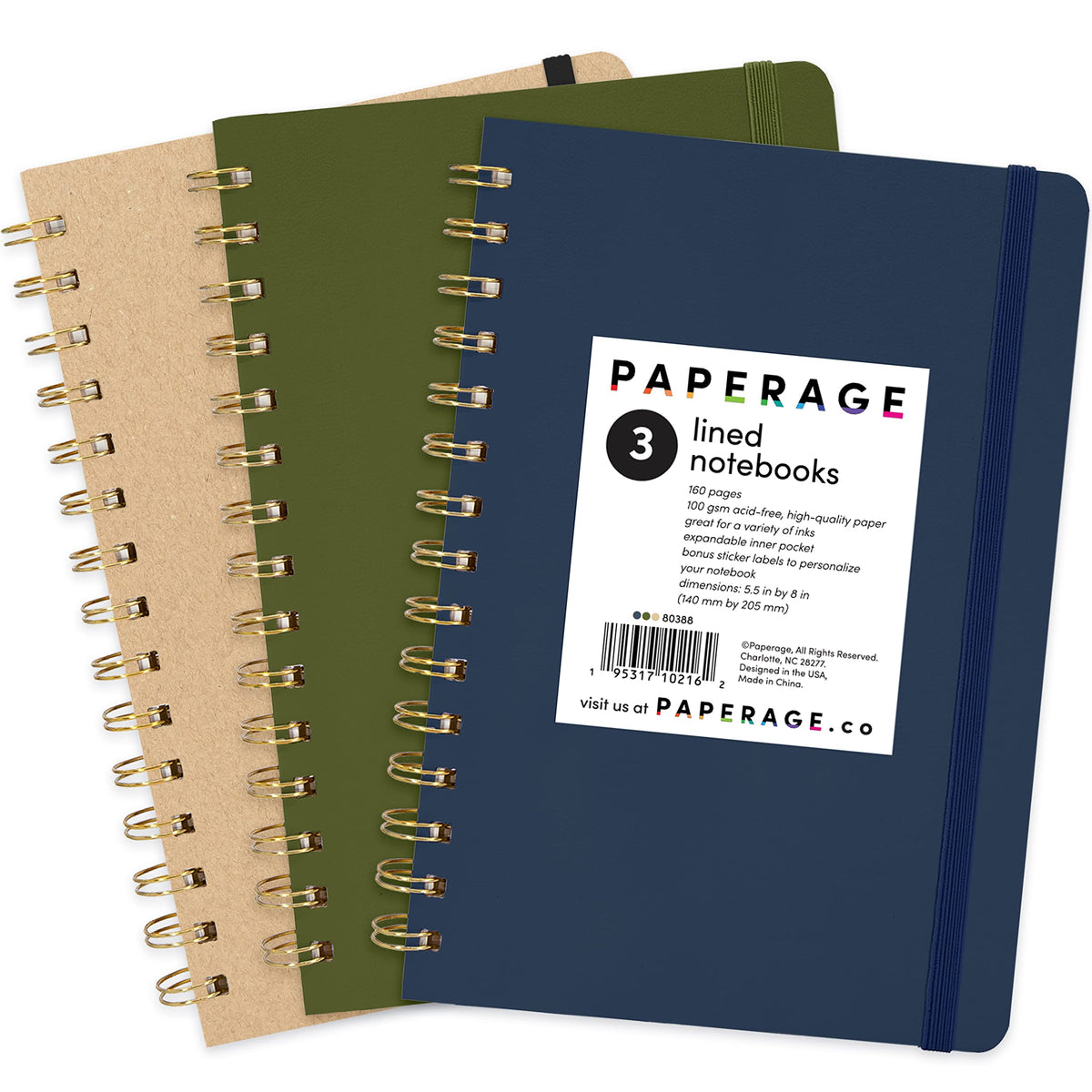 PAPERAGE Lined Spiral Journal Notebook, (Burgundy, Navy, Olive Green), 3 Pack, 160 Pages, Medium 5.5 inches x 8 inches - 100 GSM Thick Paper, Hardcover, Double-Wire Spiral Journal & Notebook
