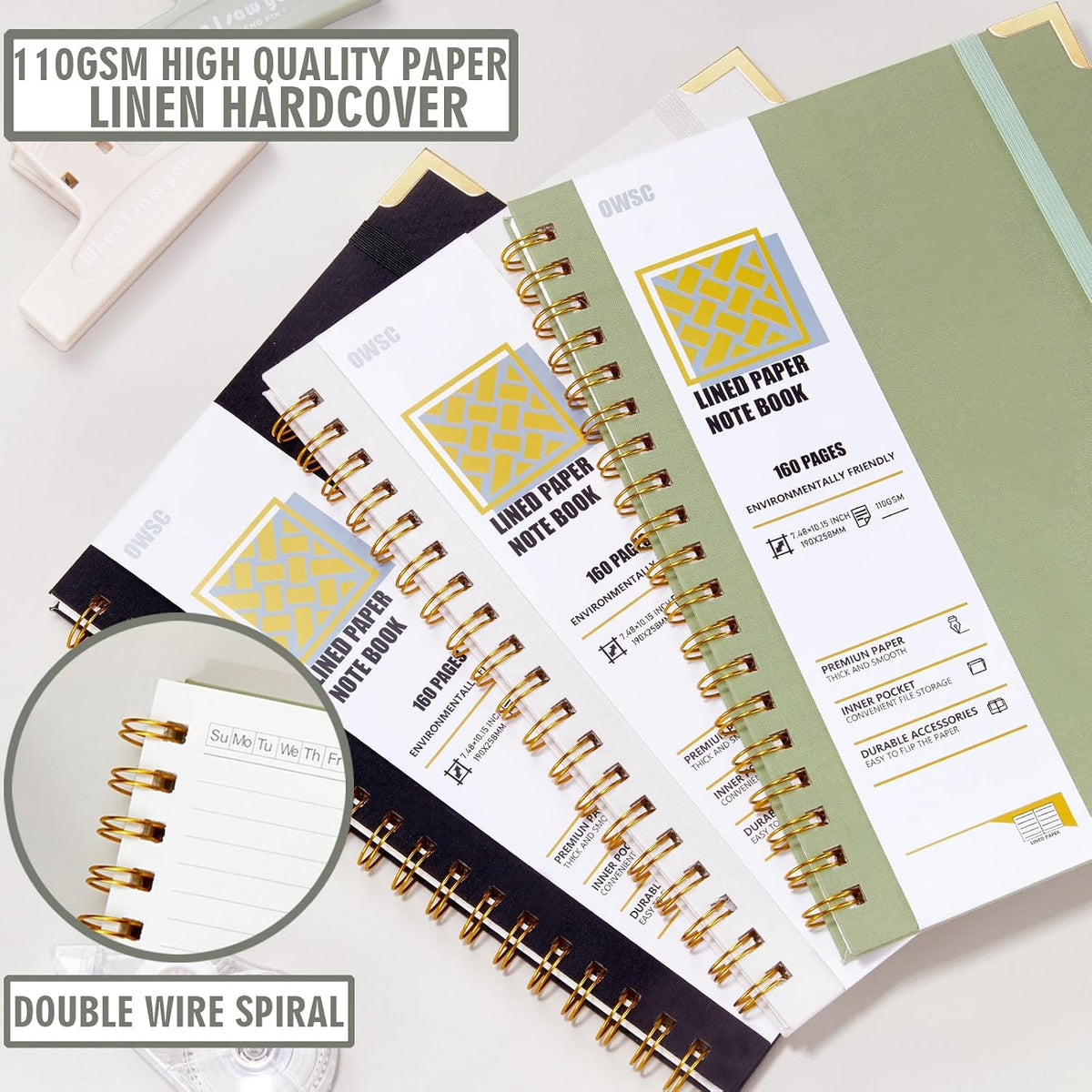 OWSC Lined Spiral Notebook, Hardcover 7.1 x 10 IN B5 Notebook, 3 Pack Mix