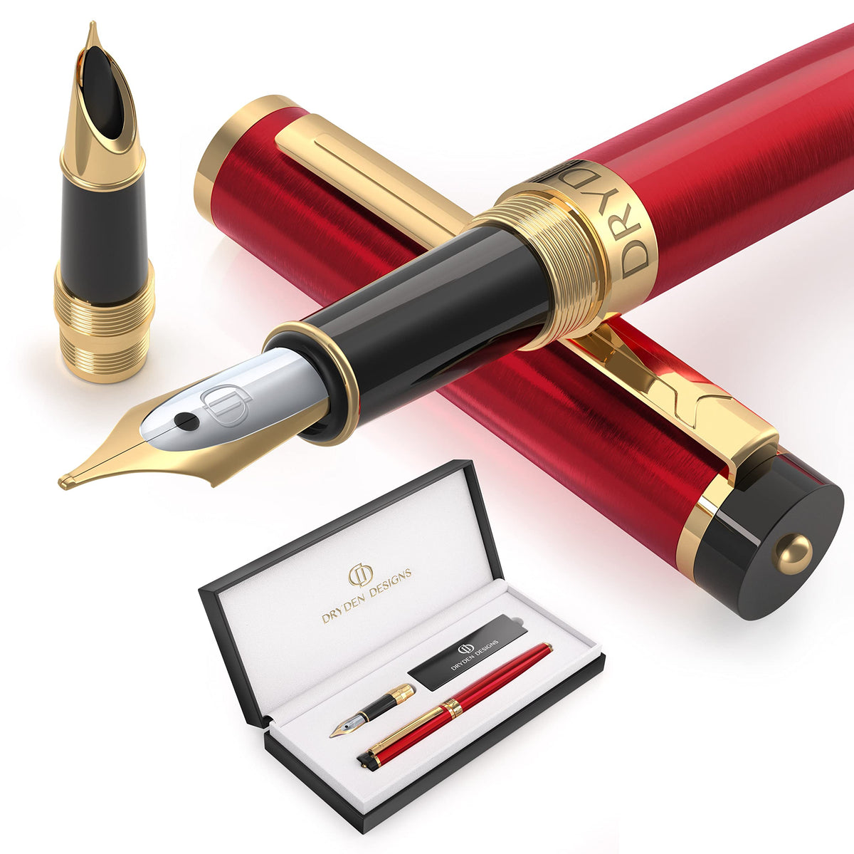 Dryden Designs Fountain Pen - Medium Nib and Fine Nib | Includes Luxury Box, 6 Ink Cartridges - 3 Black 3 Blue and Ink Refill Converter - Mysterious Blue