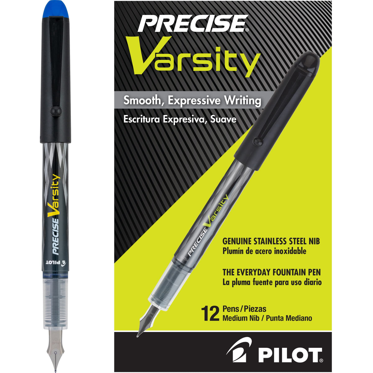 PILOT Precise Varsity Pre-Filled Fountain Pens, 1.0mm, Black Ink, 12-Pack